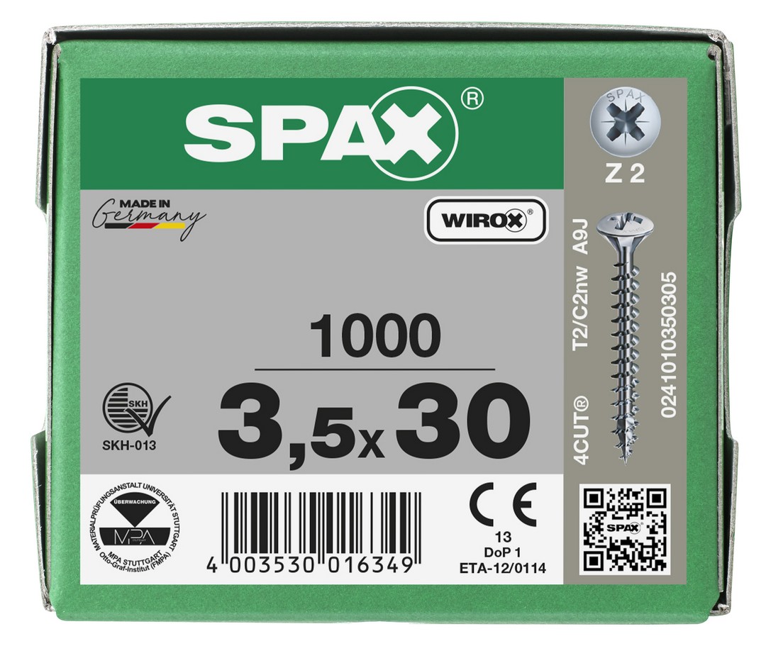 SPAX Tornillo universal, 3,5 x 30 mm, 1000 unidades, Rosca completa, Cabeza gota de sebo, Ranura en cruz Z2, 4CUT, WIROX
