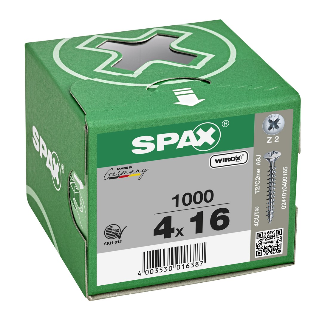 SPAX Tornillo universal, 4 x 16 mm, 1000 unidades, Rosca completa, Cabeza gota de sebo, Ranura en cruz Z2, 4CUT, WIROX