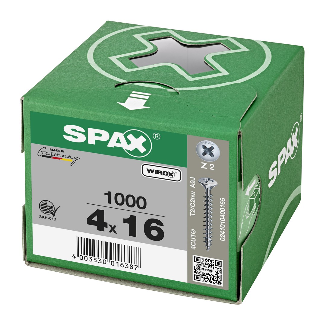 SPAX Tornillo universal, 4 x 16 mm, 1000 unidades, Rosca completa, Cabeza gota de sebo, Ranura en cruz Z2, 4CUT, WIROX