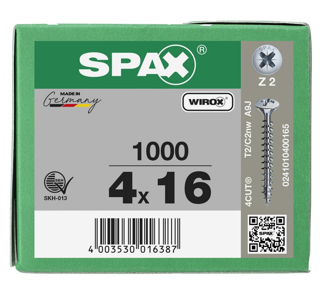 SPAX Tornillo universal, 4 x 16 mm, 1000 unidades, Rosca completa, Cabeza gota de sebo, Ranura en cruz Z2, 4CUT, WIROX