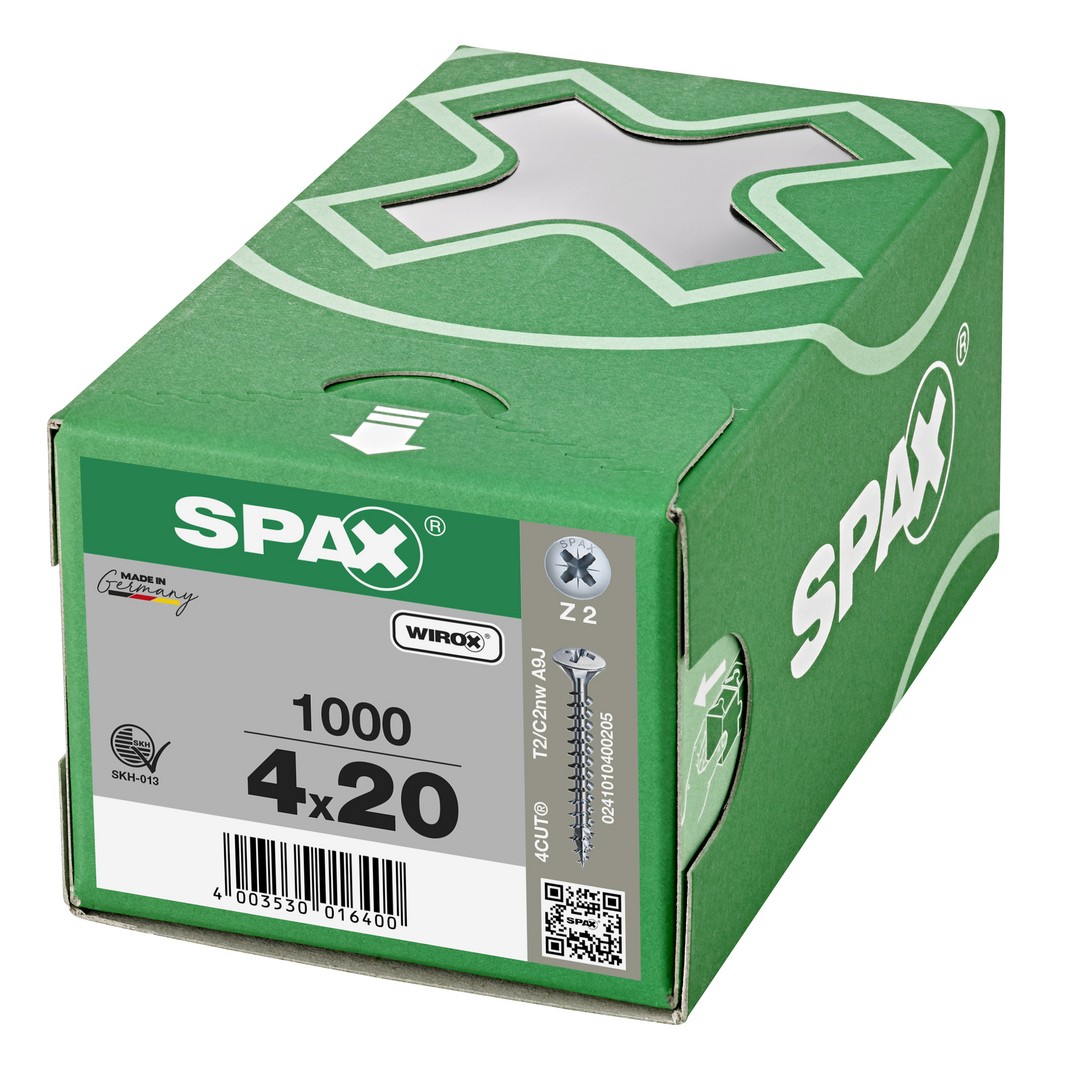 SPAX Tornillo universal, 4 x 20 mm, 1000 unidades, Rosca completa, Cabeza gota de sebo, Ranura en cruz Z2, 4CUT, WIROX