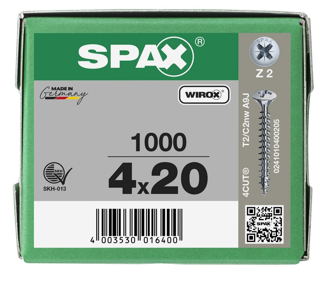SPAX Tornillo universal, 4 x 20 mm, 1000 unidades, Rosca completa, Cabeza gota de sebo, Ranura en cruz Z2, 4CUT, WIROX