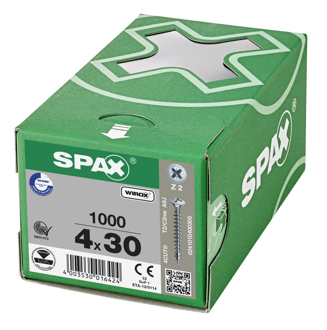 SPAX Tornillo universal, 4 x 30 mm, 1000 unidades, Rosca completa, Cabeza gota de sebo, Ranura en cruz Z2, 4CUT, WIROX