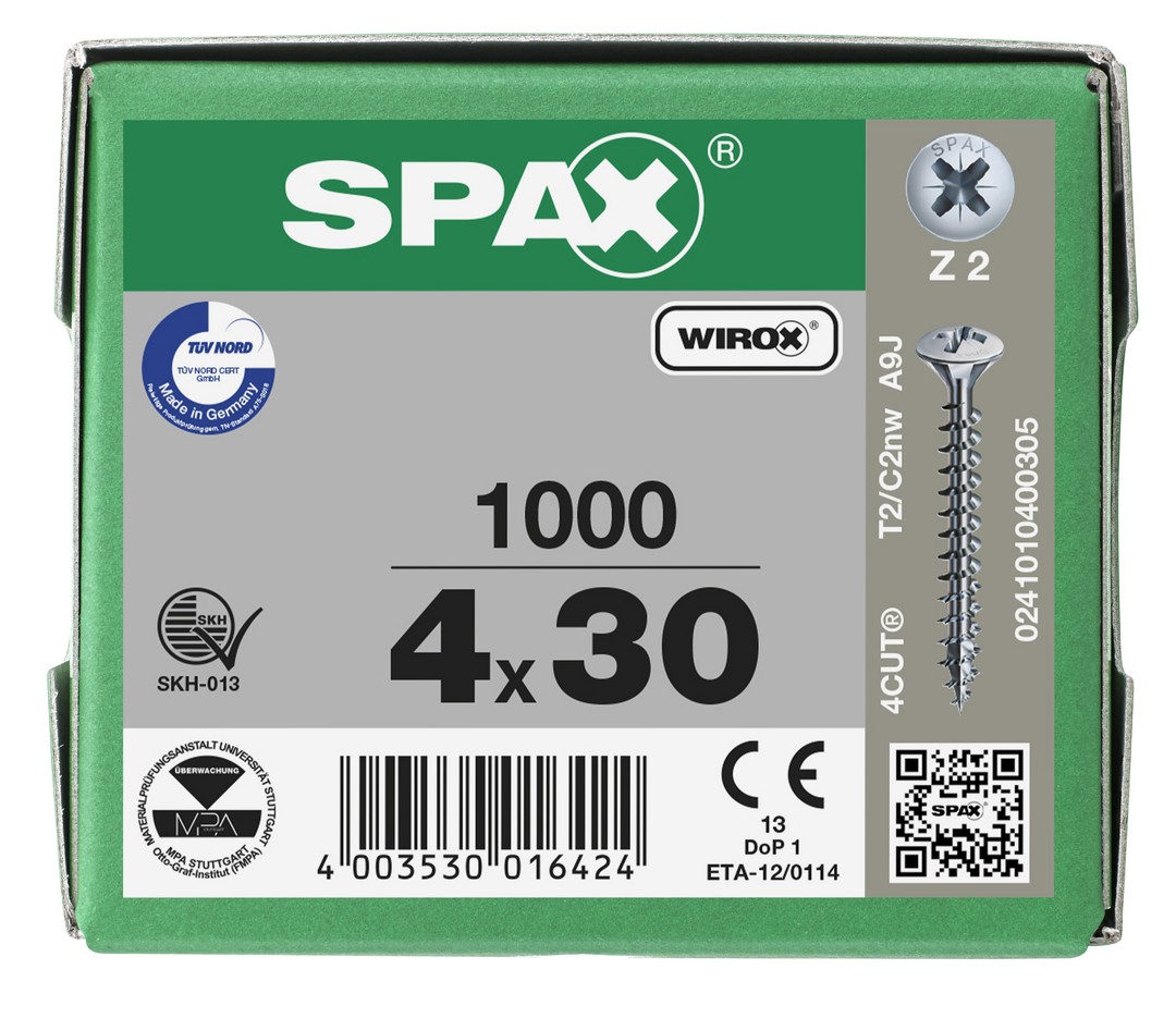 SPAX Tornillo universal, 4 x 30 mm, 1000 unidades, Rosca completa, Cabeza gota de sebo, Ranura en cruz Z2, 4CUT, WIROX