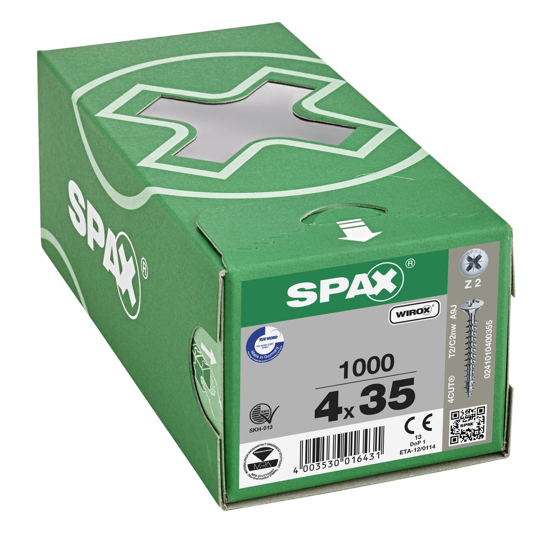 SPAX Tornillo universal, 4 x 35 mm, 1000 unidades, Rosca completa, Cabeza gota de sebo, Ranura en cruz Z2, 4CUT, WIROX