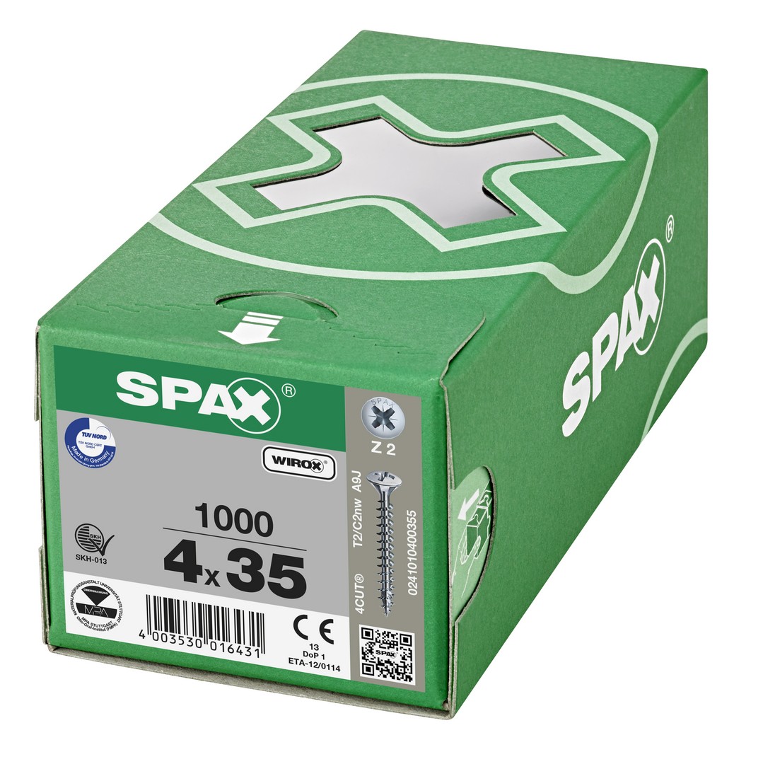 SPAX Tornillo universal, 4 x 35 mm, 1000 unidades, Rosca completa, Cabeza gota de sebo, Ranura en cruz Z2, 4CUT, WIROX