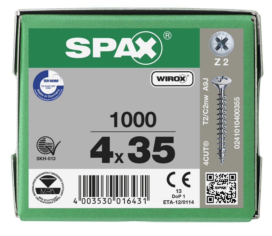 SPAX Tornillo universal, 4 x 35 mm, 1000 unidades, Rosca completa, Cabeza gota de sebo, Ranura en cruz Z2, 4CUT, WIROX