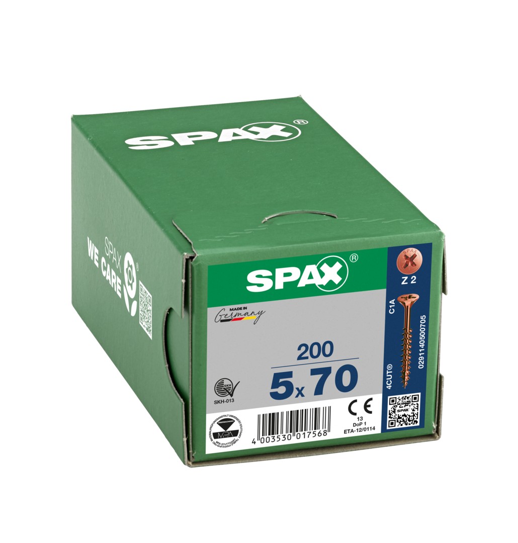 SPAX Tornillo universal, 5 x 70 mm, 100 unidades, Rosca parcial, Cabeza plana, Ranura en cruz Z3, 4CUT, bronce- 1081140500705