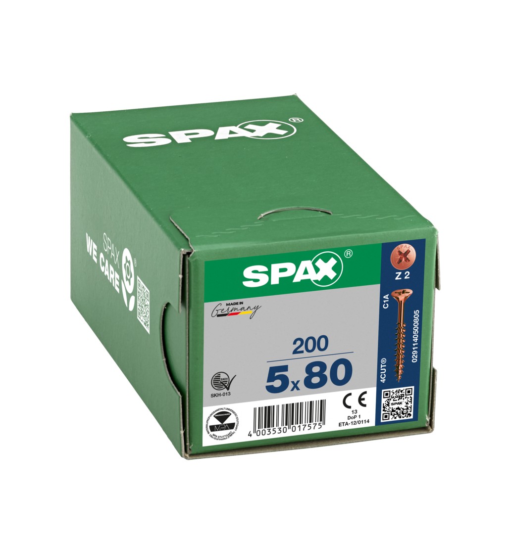 SPAX Tornillo universal, 5 x 80 mm, 200 unidades, Rosca parcial, Cabeza plana, Ranura en cruz Z2, 4CUT, bronce- 1081140500805
