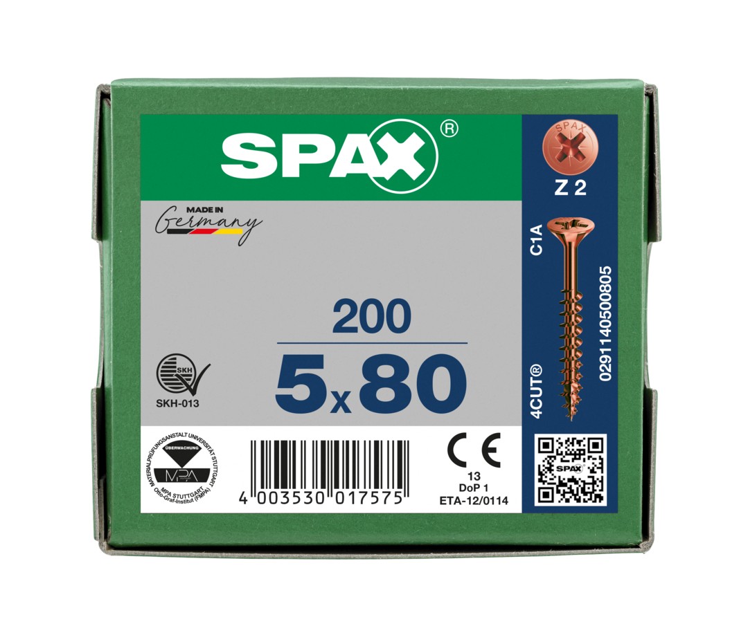 SPAX Tornillo universal, 5 x 80 mm, 200 unidades, Rosca parcial, Cabeza plana, Ranura en cruz Z2, 4CUT, bronce- 1081140500805