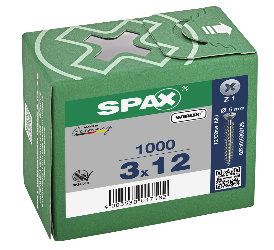 SPAX Tornillo universal, 3 x 12 mm, 1000 unidades, Rosca completa, Cabeza plana, Ranura en cruz Z1, Punta S, WIROX