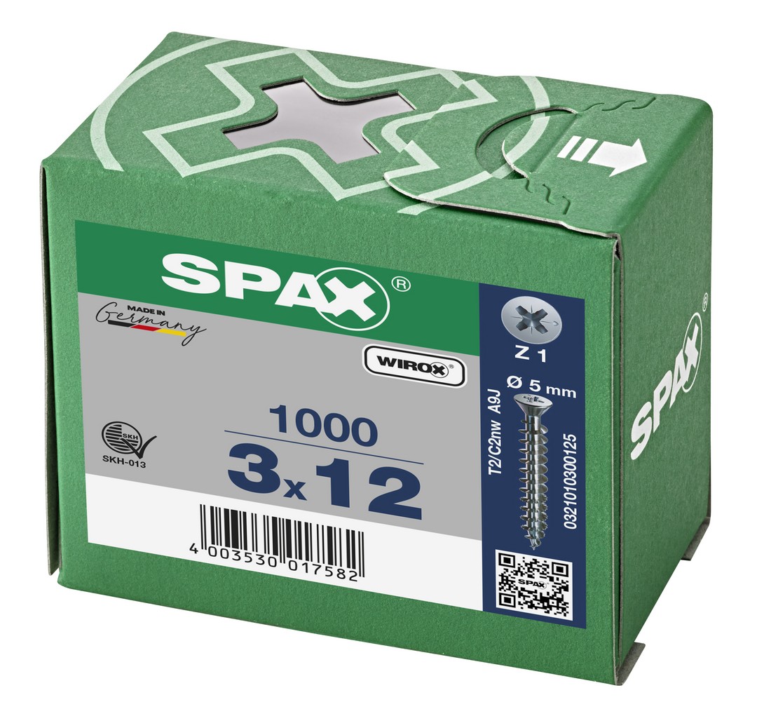SPAX Tornillo universal, 3 x 12 mm, 1000 unidades, Rosca completa, Cabeza plana, Ranura en cruz Z1, Punta S, WIROX