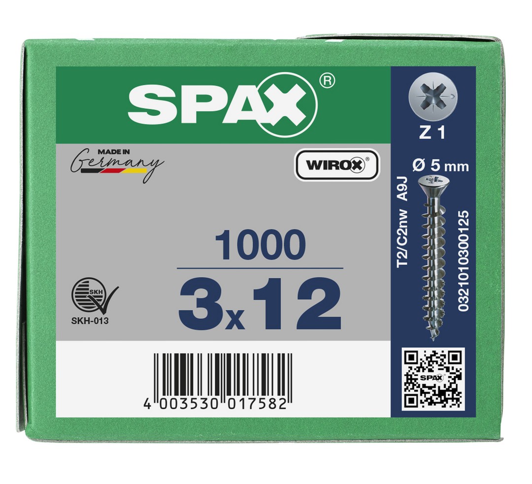 SPAX Tornillo universal, 3 x 12 mm, 1000 unidades, Rosca completa, Cabeza plana, Ranura en cruz Z1, Punta S, WIROX