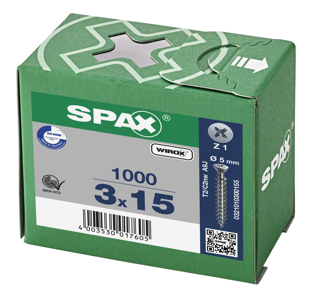 SPAX Tornillo universal, 3 x 15 mm, 1000 unidades, Rosca completa, Cabeza plana, Ranura en cruz Z1, Punta S, WIROX