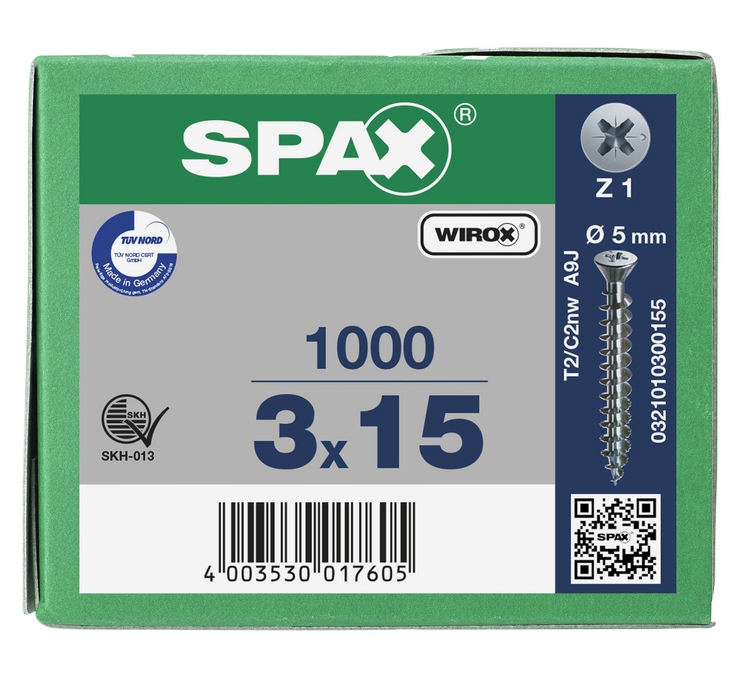 SPAX Tornillo universal, 3 x 15 mm, 1000 unidades, Rosca completa, Cabeza plana, Ranura en cruz Z1, Punta S, WIROX