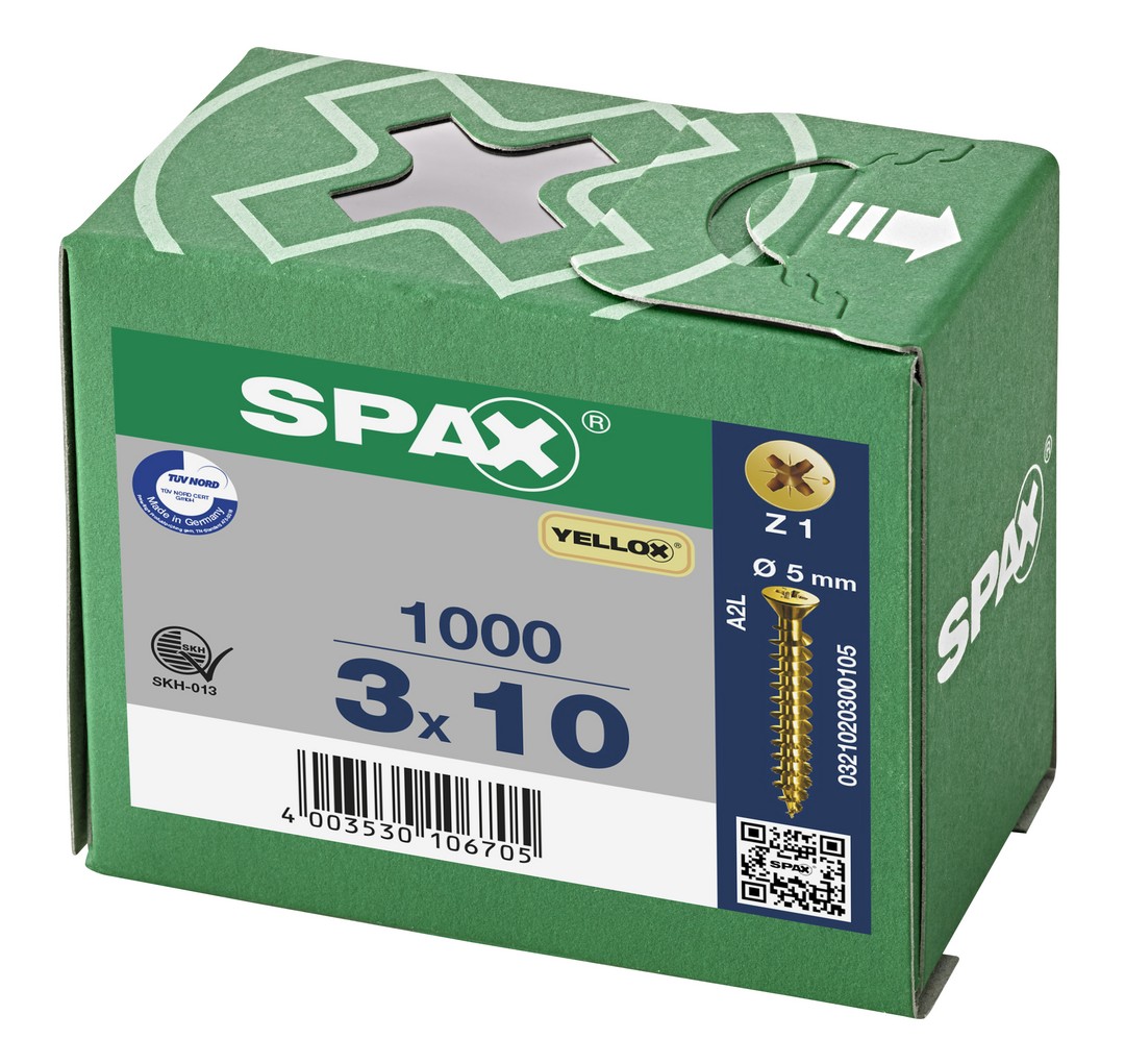 SPAX Tornillo universal, 3 x 10 mm, 1000 unidades, Rosca completa, Cabeza plana, Ranura en cruz Z1, Punta S, YELLOX