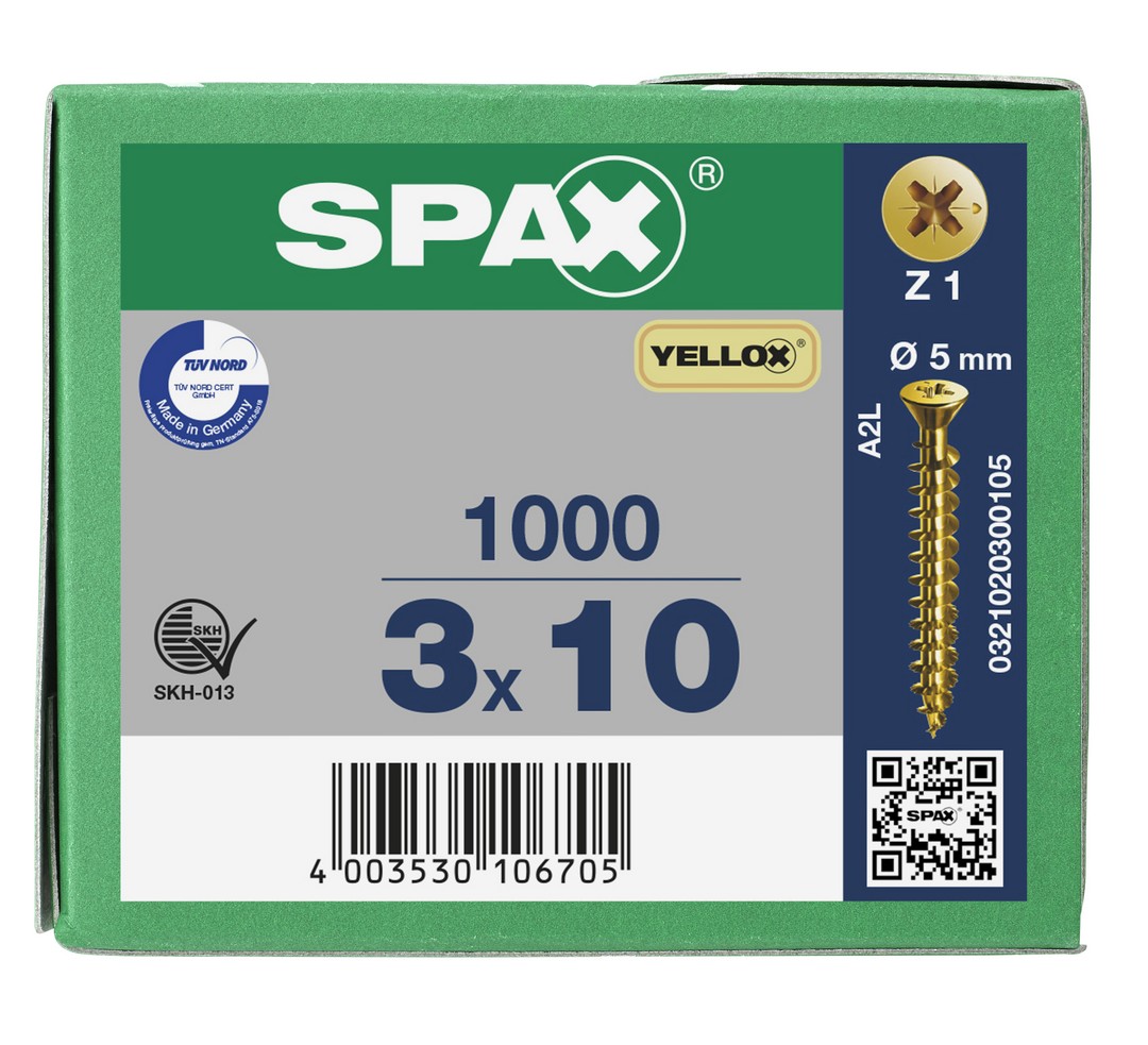 SPAX Tornillo universal, 3 x 10 mm, 1000 unidades, Rosca completa, Cabeza plana, Ranura en cruz Z1, Punta S, YELLOX