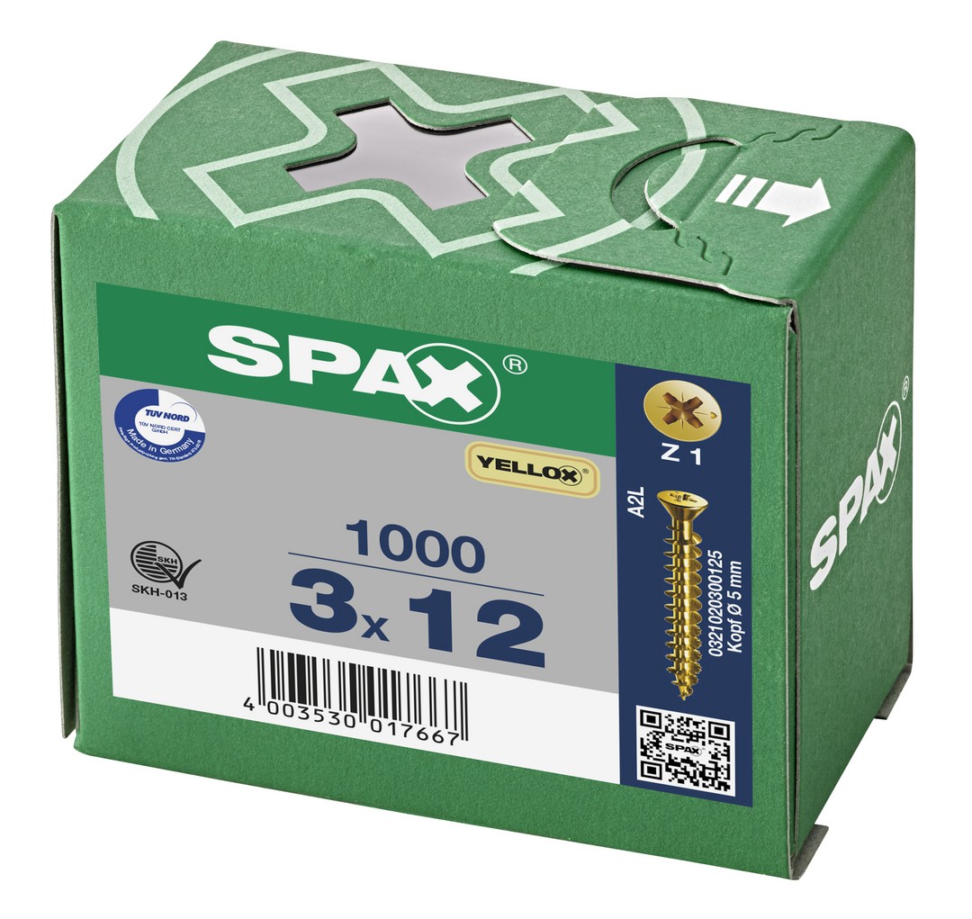 SPAX Tornillo universal, 3 x 12 mm, 1000 unidades, Rosca completa, Cabeza plana, Ranura en cruz Z1, Punta S, YELLOX