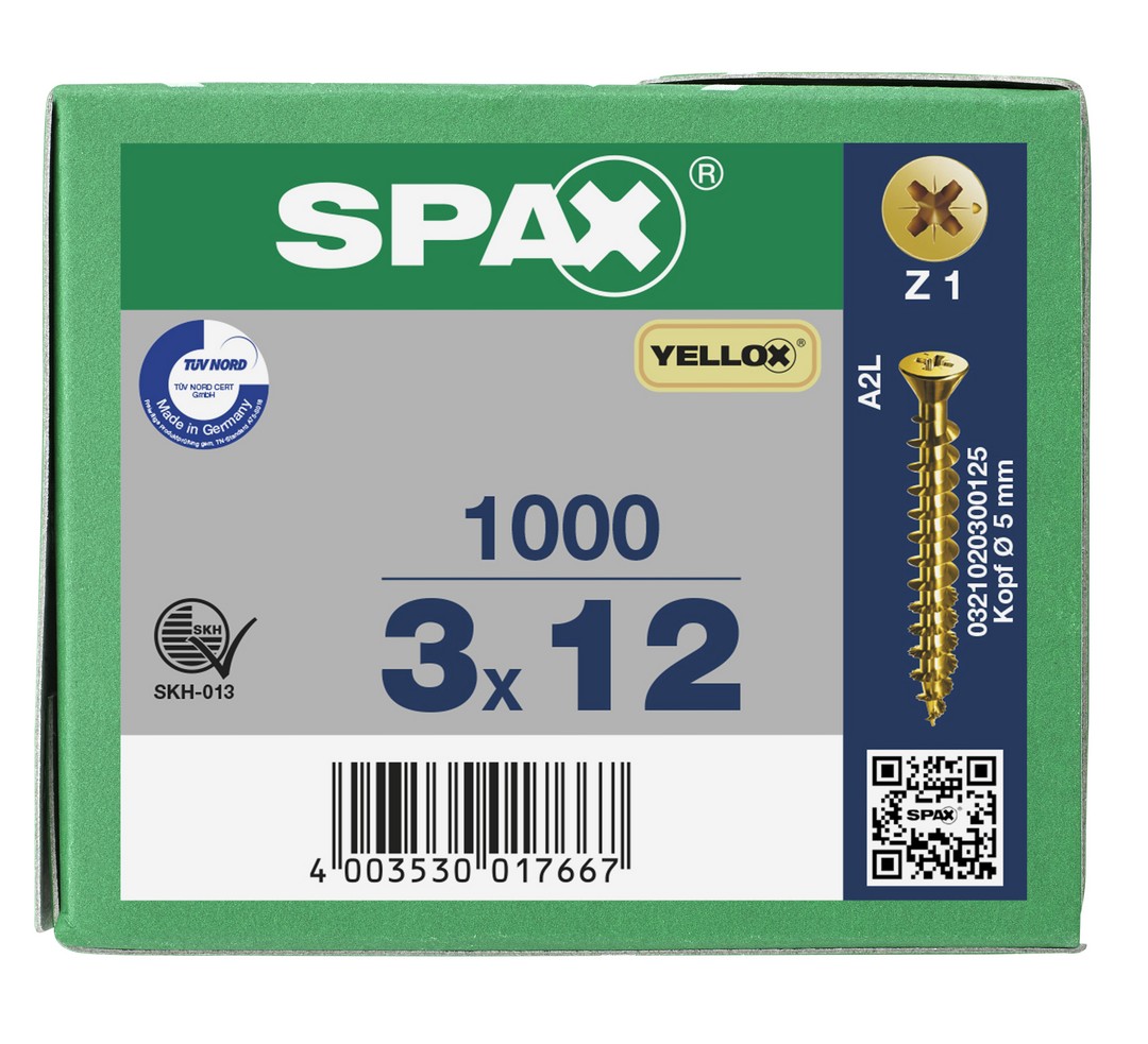 SPAX Tornillo universal, 3 x 12 mm, 1000 unidades, Rosca completa, Cabeza plana, Ranura en cruz Z1, Punta S, YELLOX