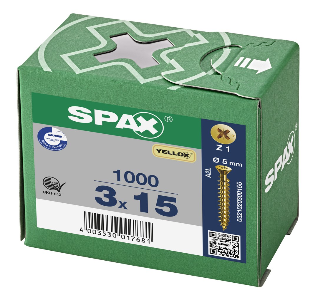 SPAX Tornillo universal, 3 x 15 mm, 1000 unidades, Rosca completa, Cabeza plana, Ranura en cruz Z1, Punta S, YELLOX