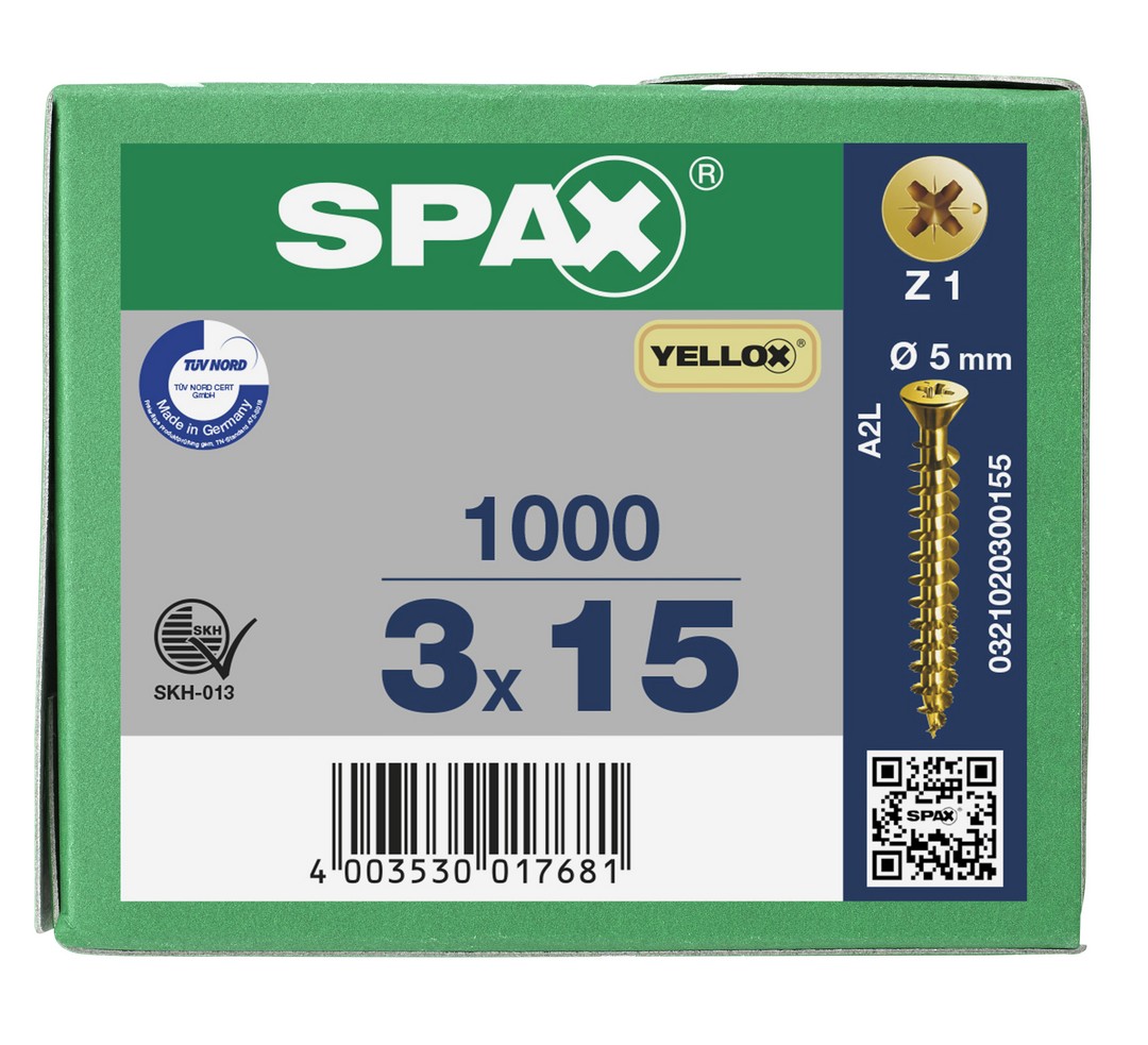 SPAX Tornillo universal, 3 x 15 mm, 1000 unidades, Rosca completa, Cabeza plana, Ranura en cruz Z1, Punta S, YELLOX