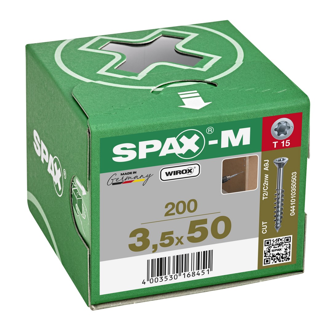 SPAX-M, 3,5 x 50 mm, 200 unidades, Rosca parcial, Cabeza plana, T-STAR plus T15, Punta CUT, WIROX