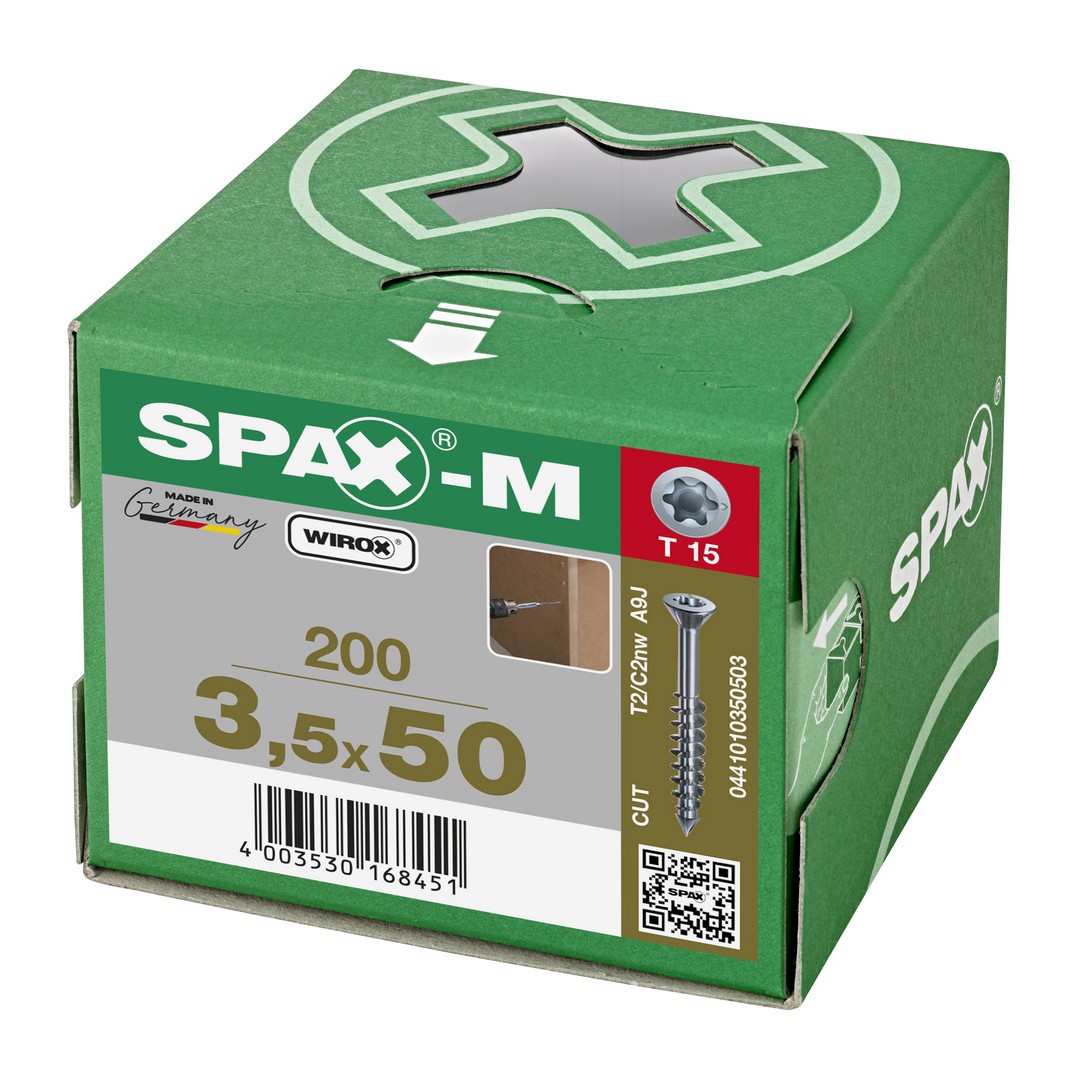 SPAX-M, 3,5 x 50 mm, 200 unidades, Rosca parcial, Cabeza plana, T-STAR plus T15, Punta CUT, WIROX