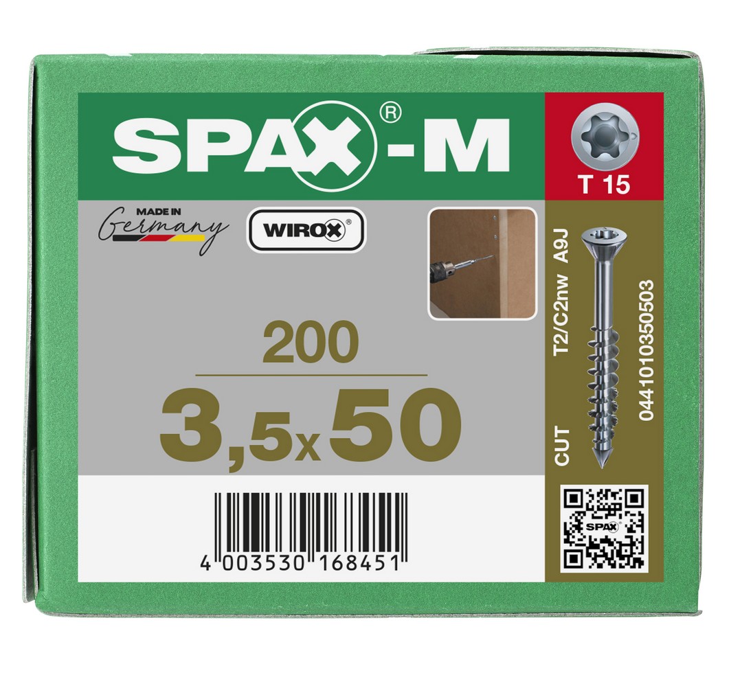 SPAX-M, 3,5 x 50 mm, 200 unidades, Rosca parcial, Cabeza plana, T-STAR plus T15, Punta CUT, WIROX