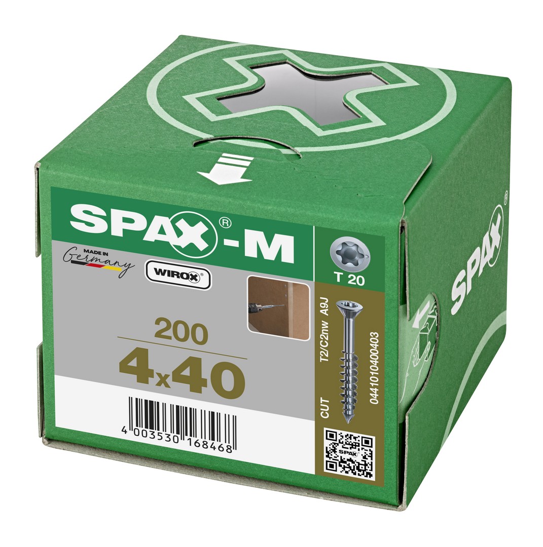 SPAX-M, 4 x 40 mm, 200 unidades, Rosca parcial, Cabeza plana, T-STAR plus T20, Punta CUT, WIROX