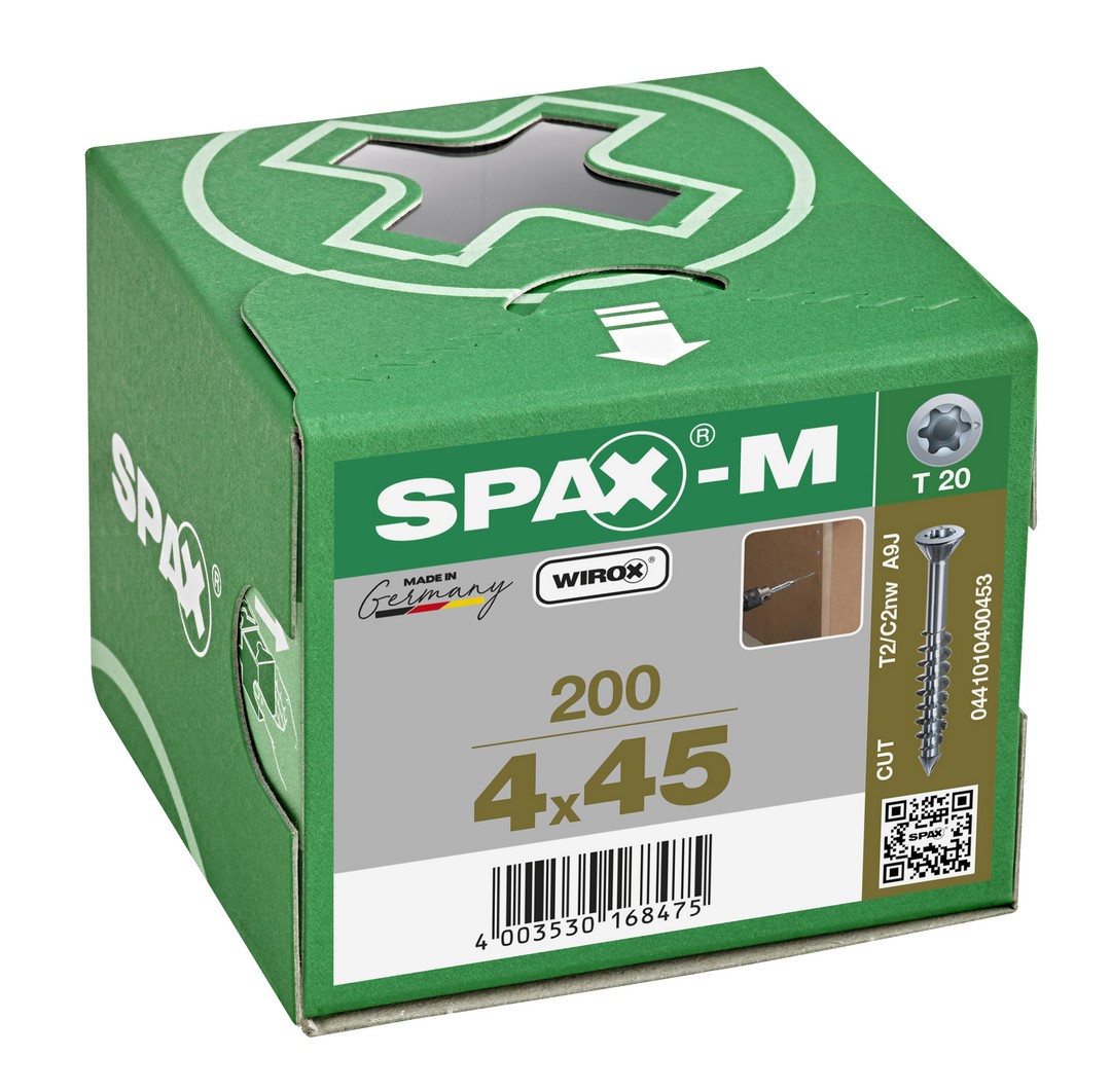 SPAX-M, 4 x 45 mm, 200 unidades, Rosca parcial, Cabeza plana, T-STAR plus T20, Punta CUT, WIROX