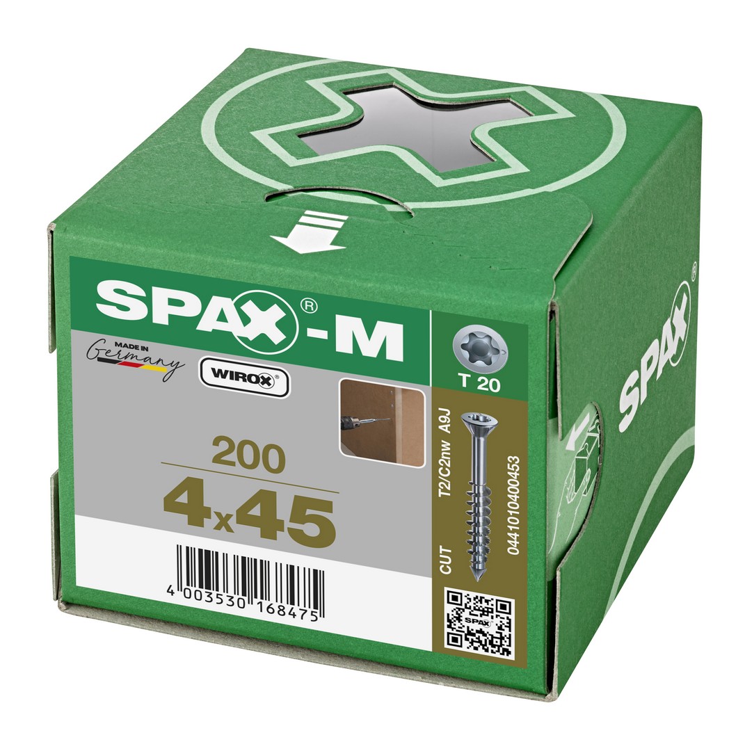 SPAX-M, 4 x 45 mm, 200 unidades, Rosca parcial, Cabeza plana, T-STAR plus T20, Punta CUT, WIROX