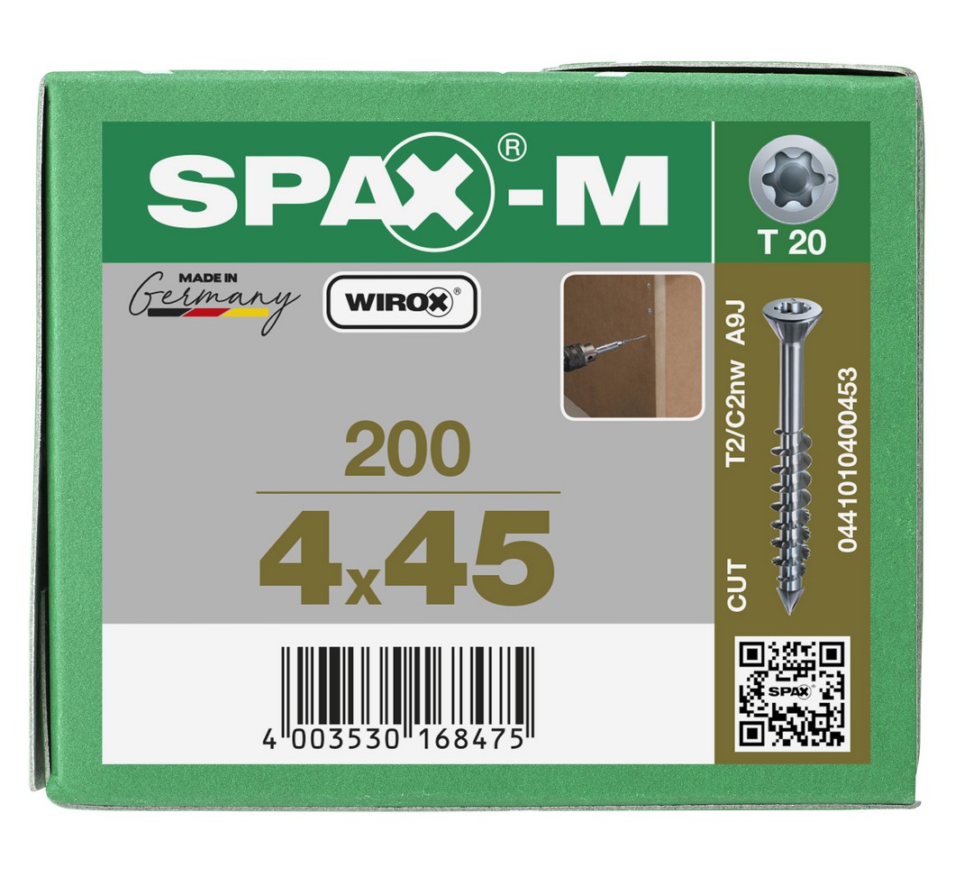 SPAX-M, 4 x 45 mm, 200 unidades, Rosca parcial, Cabeza plana, T-STAR plus T20, Punta CUT, WIROX
