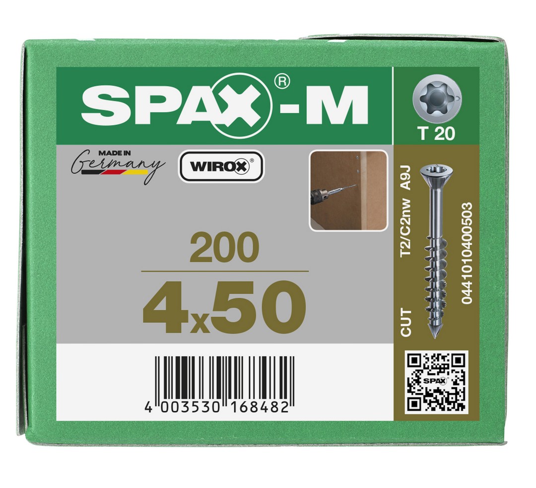 SPAX-M, 4 x 50 mm, 200 unidades, Rosca parcial, Cabeza plana, T-STAR plus T20, Punta CUT, WIROX