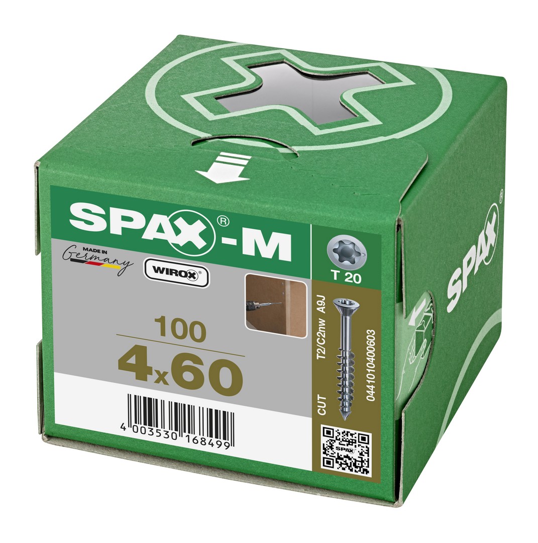 SPAX-M, 4 x 60 mm, 100 unidades, Rosca parcial, Cabeza plana, T-STAR plus T20, Punta CUT, WIROX