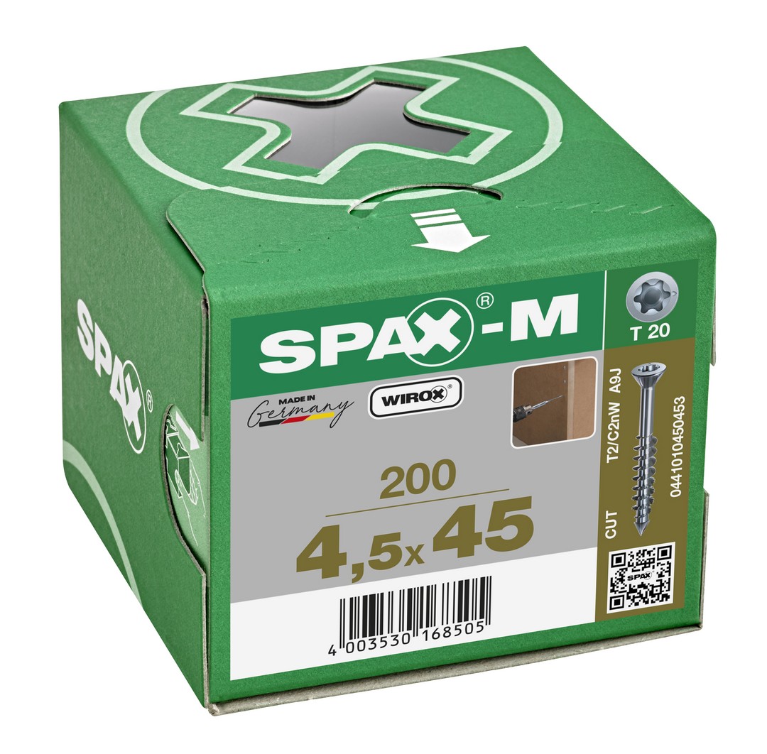 SPAX-M, 4,5 x 45 mm, 200 unidades, Rosca parcial, Cabeza plana, T-STAR plus T20, Punta CUT, WIROX