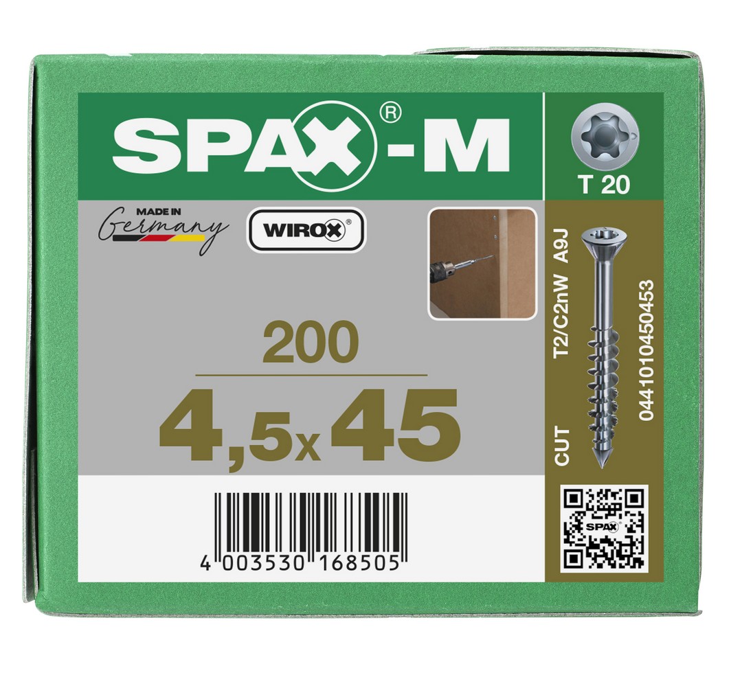 SPAX-M, 4,5 x 45 mm, 200 unidades, Rosca parcial, Cabeza plana, T-STAR plus T20, Punta CUT, WIROX