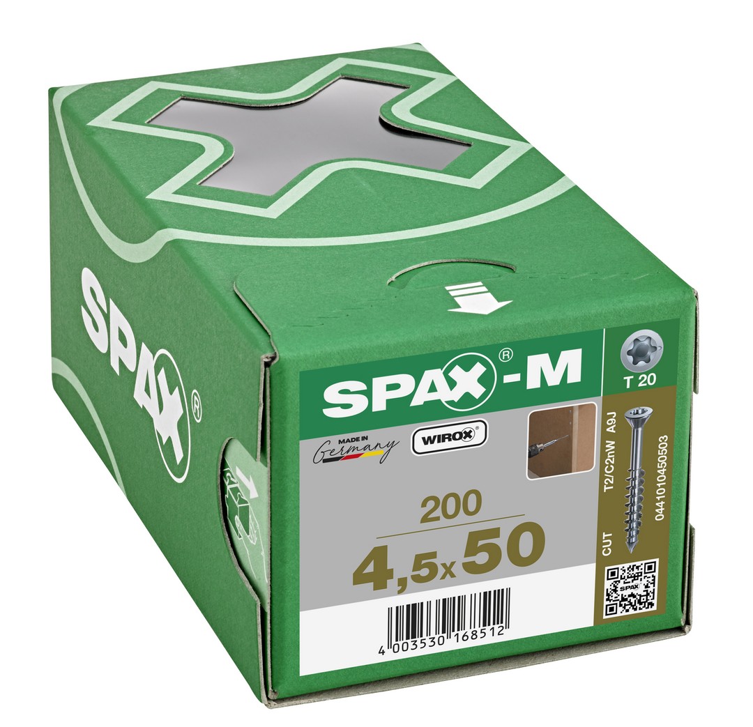 SPAX-M, 4,5 x 50 mm, 200 unidades, Rosca parcial, Cabeza plana, T-STAR plus T20, Punta CUT, WIROX