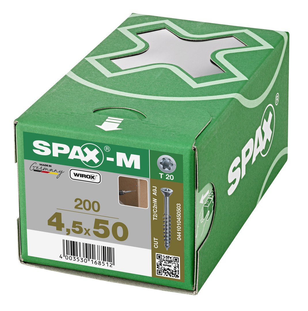 SPAX-M, 4,5 x 50 mm, 200 unidades, Rosca parcial, Cabeza plana, T-STAR plus T20, Punta CUT, WIROX