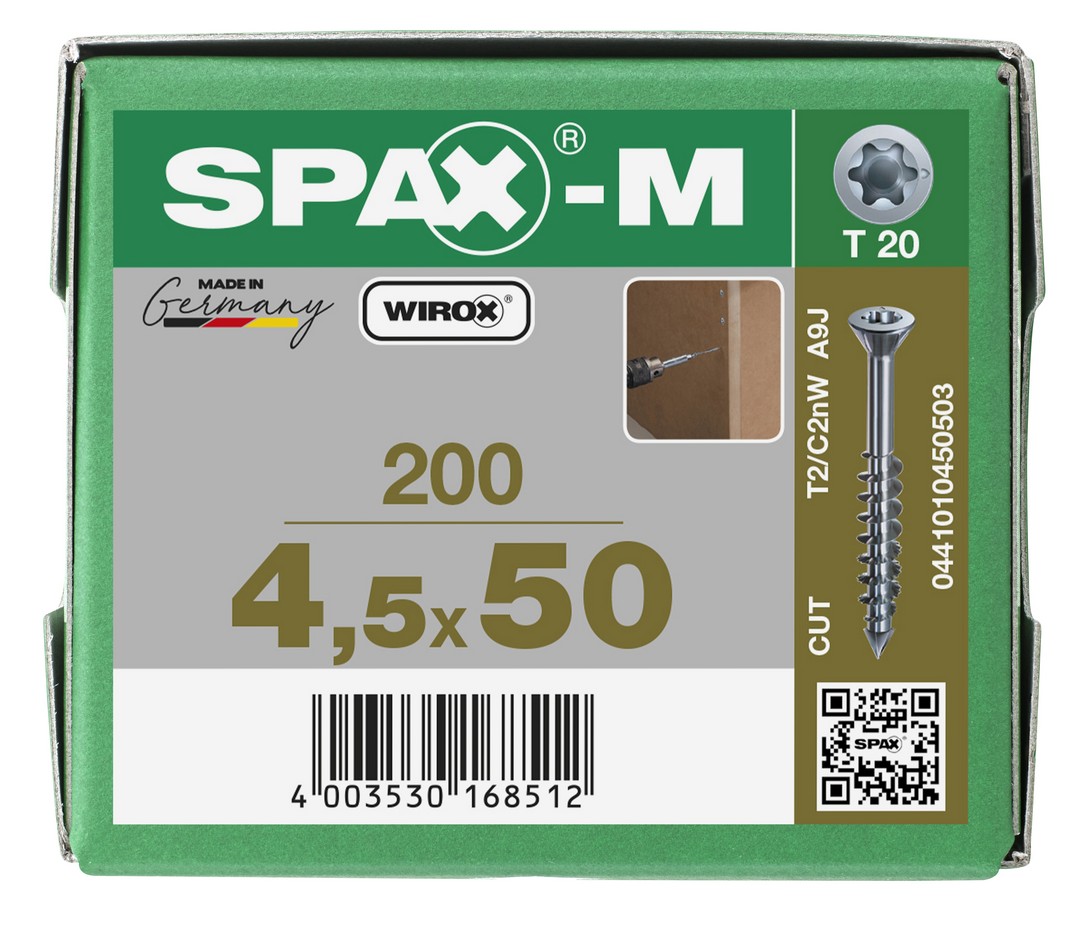SPAX-M, 4,5 x 50 mm, 200 unidades, Rosca parcial, Cabeza plana, T-STAR plus T20, Punta CUT, WIROX