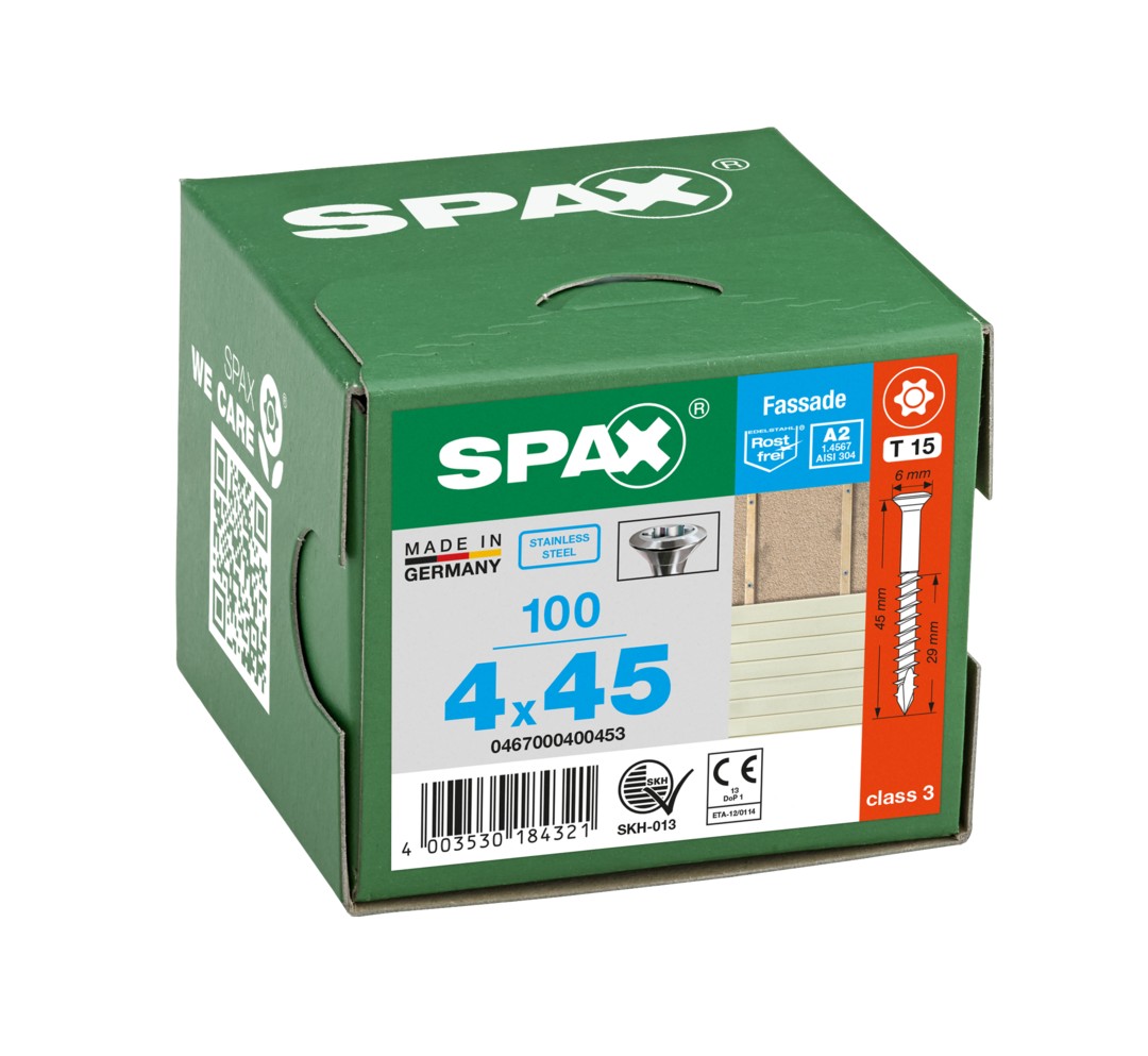 SPAX Tornillo para fachadas, 4 x 45 mm, 100 unidades, Rosca parcial, Cabeza gota de sebo, T-STAR plus T15, Punta CUT, Acero inoxidable A2