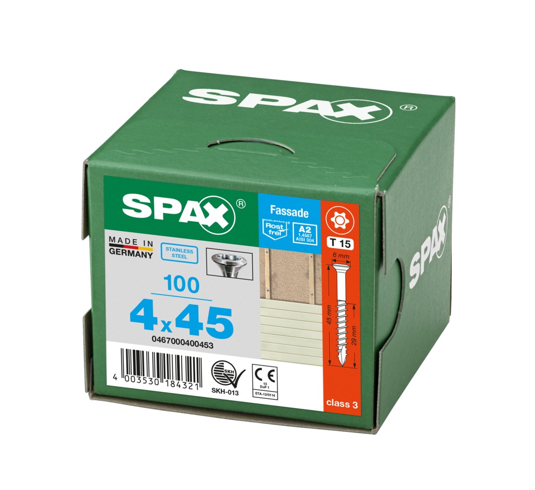 SPAX Tornillo para fachadas, 4 x 45 mm, 100 unidades, Rosca parcial, Cabeza gota de sebo, T-STAR plus T15, Punta CUT, Acero inoxidable A2