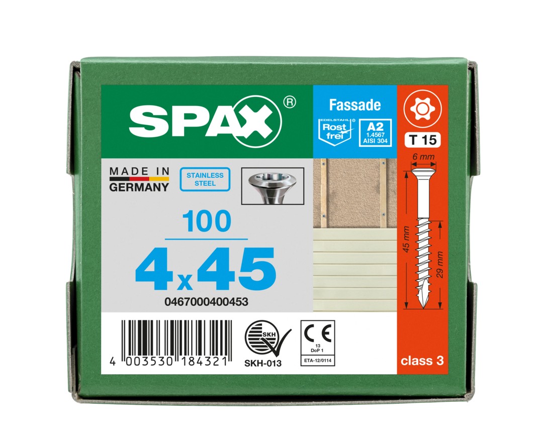 SPAX Tornillo para fachadas, 4 x 45 mm, 100 unidades, Rosca parcial, Cabeza gota de sebo, T-STAR plus T15, Punta CUT, Acero inoxidable A2
