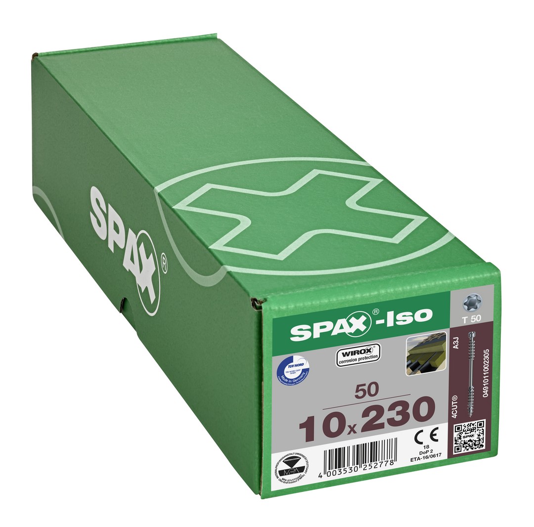 SPAX-Iso, 10 x 230 mm, 50 unidades, Rosca de fijación, Cabeza cilíndrica, T-STAR plus T50, 4CUT, WIROX