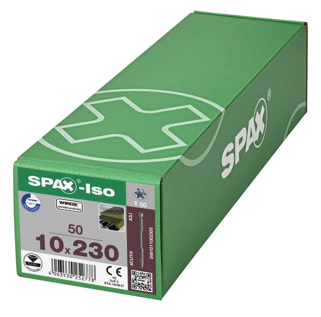 SPAX-Iso, 10 x 230 mm, 50 unidades, Rosca de fijación, Cabeza cilíndrica, T-STAR plus T50, 4CUT, WIROX