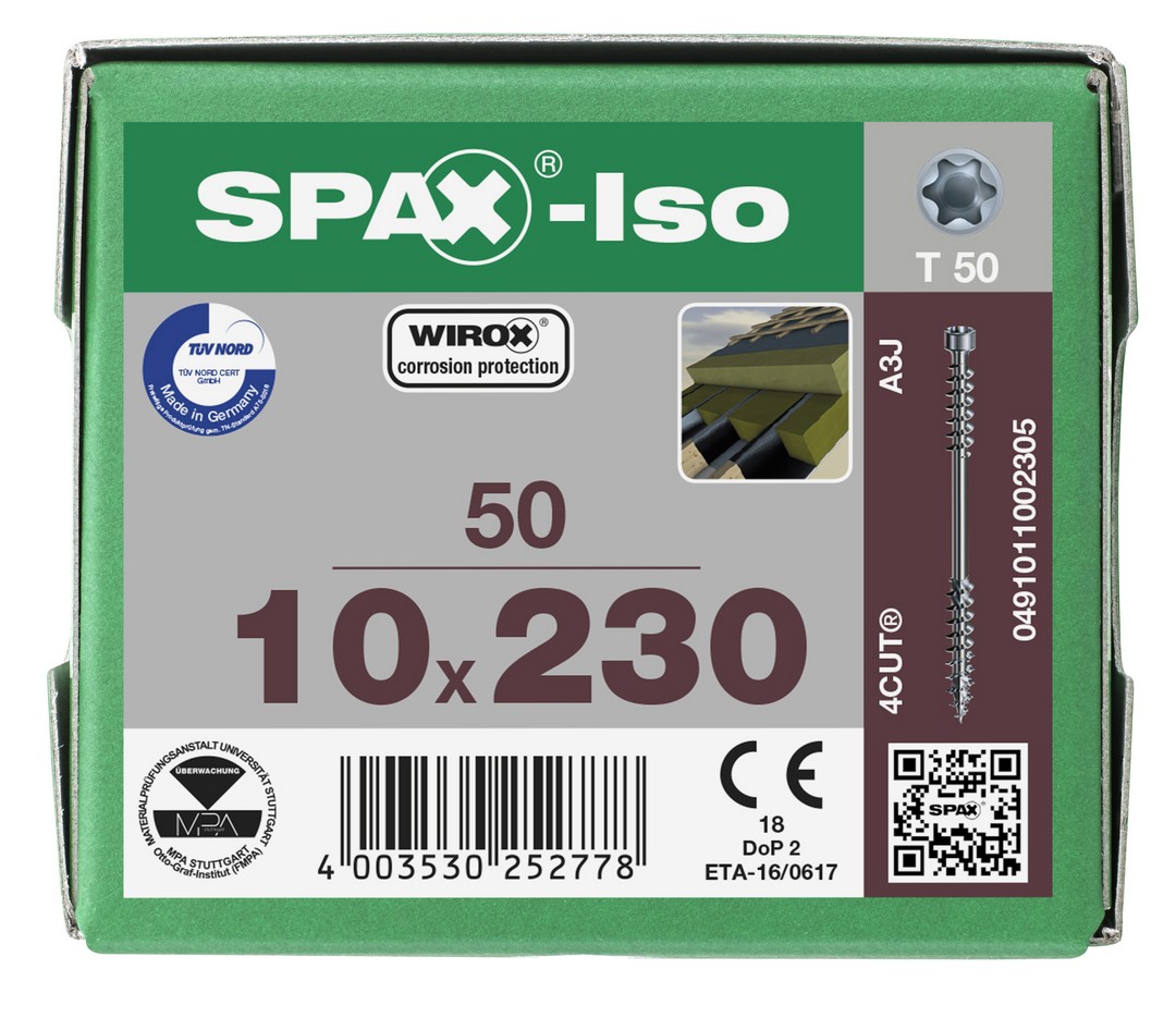 SPAX-Iso, 10 x 230 mm, 50 unidades, Rosca de fijación, Cabeza cilíndrica, T-STAR plus T50, 4CUT, WIROX