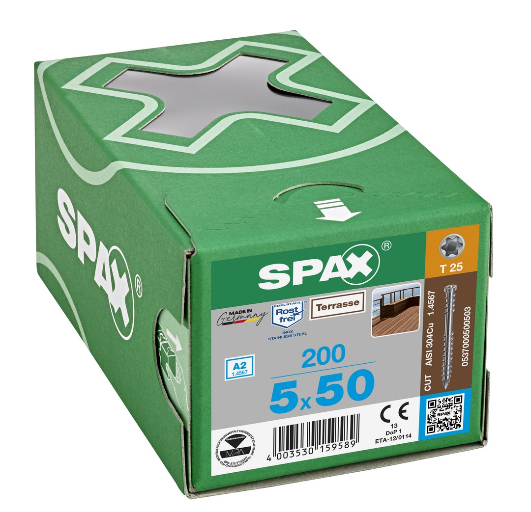 SPAX Tornillo para terraza, 5 x 50 mm, 200 unidades, Rosca de fijación, Cabeza cilíndrica, T-STAR plus T25, Punta CUT, Acero inoxidable A2