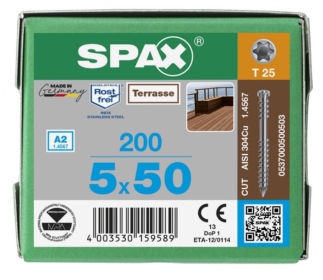 SPAX Tornillo para terraza, 5 x 50 mm, 200 unidades, Rosca de fijación, Cabeza cilíndrica, T-STAR plus T25, Punta CUT, Acero inoxidable A2