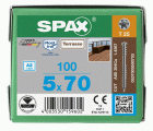 SPAX Tornillo para terraza, 5 x 70 mm, 100 unidades, Rosca de fijación, Cabeza cilíndrica, T-STAR plus T25, Punta CUT, Acero inoxidable A2