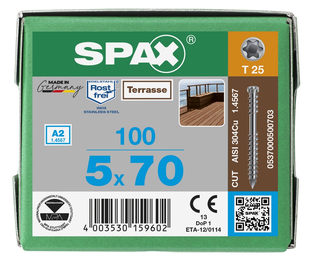 SPAX Tornillo para terraza, 5 x 70 mm, 100 unidades, Rosca de fijación, Cabeza cilíndrica, T-STAR plus T25, Punta CUT, Acero inoxidable A2