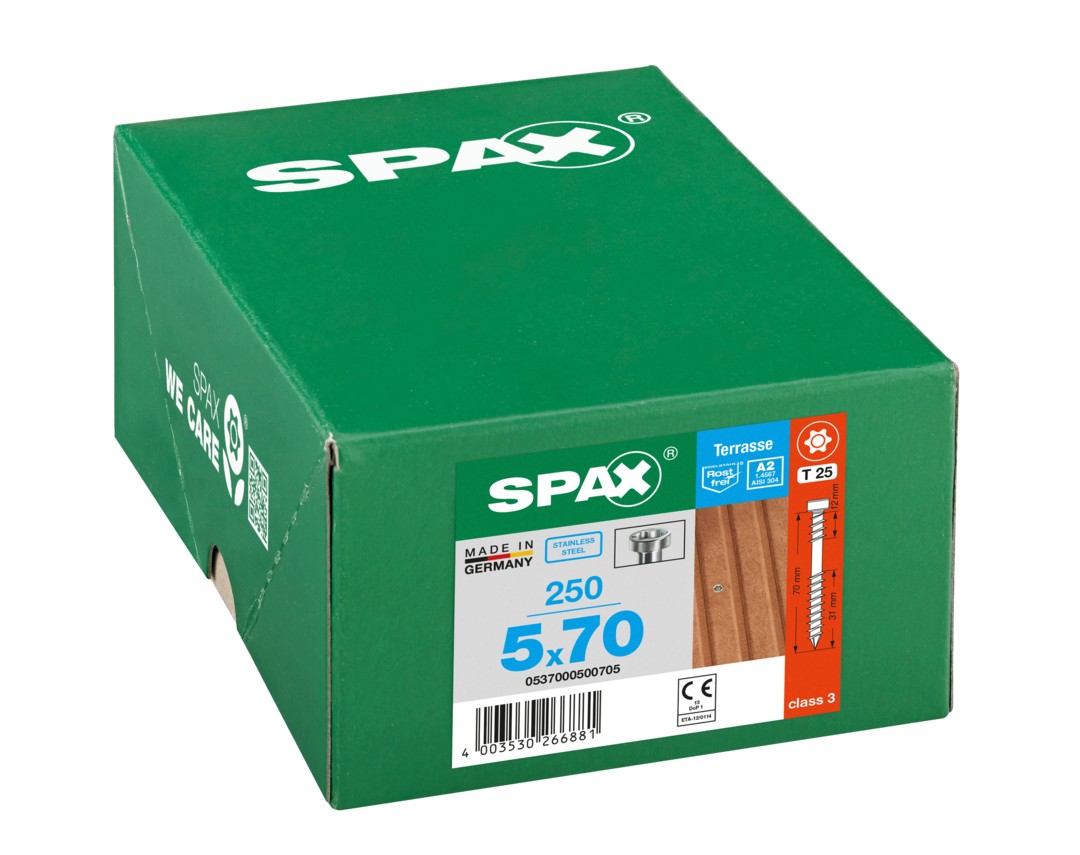 SPAX Tornillo para terraza, Rosca de fijación, Cabeza cilíndrica, T-STAR plus, Punta CUT, Acero inoxidable A2, 5 x 70 mm, 250 uds